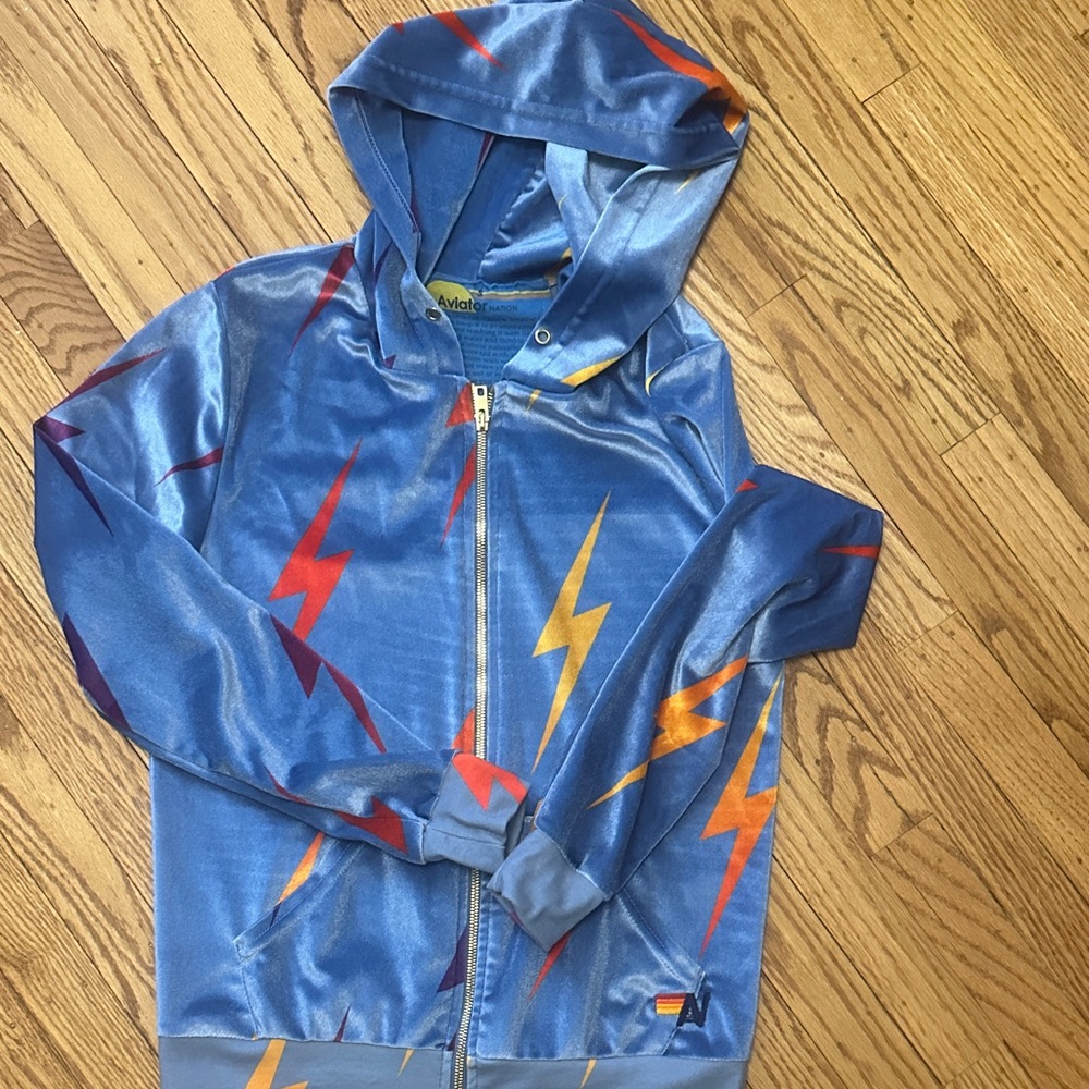 Aviator Nation Kids Light Blue Lightning Zip Hoodie with Orange & Red Bolts - Picture 3 of 3